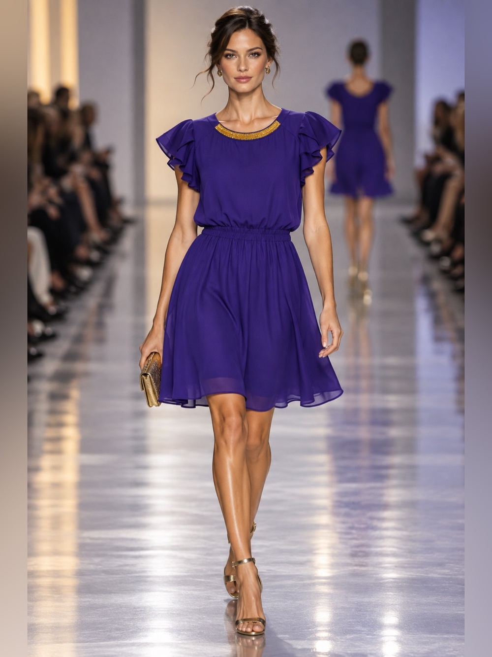 Gianni Bini Women’s Purple Flutter Sleeve Dress Gold Embellished Neck Size Small